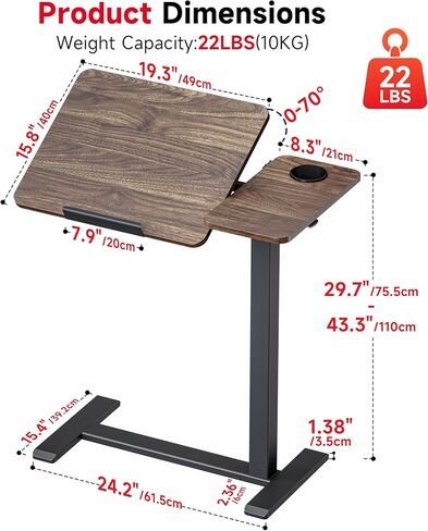 Okin Overbed Bedside Table with Wheels, Adjustable Medical Tilt Top Hospital Bed Table Over The Bed, Rolling Desk Mobile Standing Desk for Hospital Home Use (Walnut) in Saudi Arabia