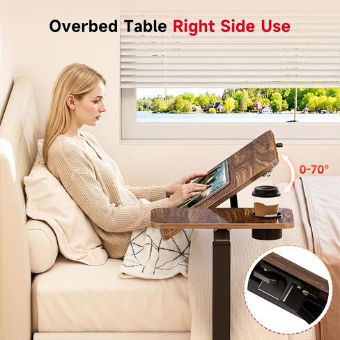 Okin Overbed Bedside Table with Wheels, Adjustable Medical Tilt Top Hospital Bed Table Over The Bed, Rolling Desk Mobile Standing Desk for Hospital Home Use (Walnut) in Saudi Arabia