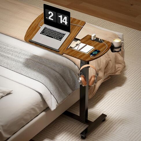 6 In 1 Overbed Bedside Table with Wheels, 32'' Long 90° Medical Adjustable Tilt Hospital Bed Table, Standing Desk with Charging Station Cup Holder Hook, 30''-43'' Height Home Hospital Office (Walnut) in Saudi Arabia