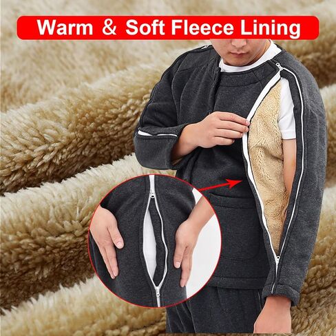 Tear Away Patient Clothes Double Zipper Bedridden Pajamas Set Fleece Thickened Suitable for Elderly, Washable,Black,L in Saudi Arabia