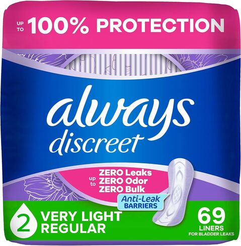 Always Discreet Incontinence Panty Liners for Women with Bladder Leaks, Size 2, Very Light Absorbency, Up to 100% Bladder Leak Protection 69 CT in Saudi Arabia