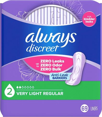 Always Discreet Incontinence Panty Liners for Women with Bladder Leaks, Size 2, Very Light Absorbency, Up to 100% Bladder Leak Protection 69 CT in Saudi Arabia
