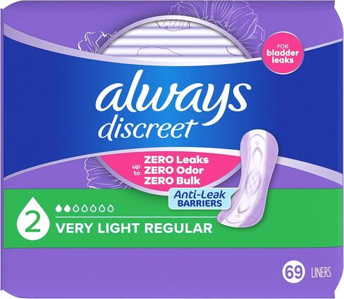 Always Discreet Incontinence Panty Liners for Women with Bladder Leaks, Size 2, Very Light Absorbency, Up to 100% Bladder Leak Protection 69 CT in Saudi Arabia