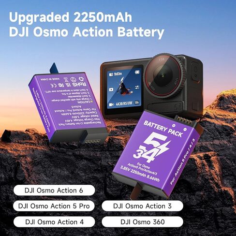 OSMO Action 5 Pro 4 3 استبدال البطارية ، 2 Pack 2250mAh حزمة بطاريات متطرفة قابلة لإعادة الشحن لـ DJI Osmo Action 5 Pro Osmo Action 4 Action 3 Sport Campar in Kuwait