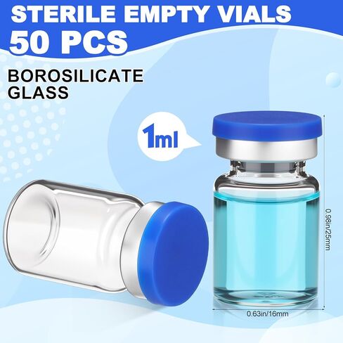 50 Pcs 1ml Sealed Sterile Empty Vials with Self Healing Injection Port Clear Glass Empty Vials with Sealing Plastic-Aluminum Flip Cap Sterile Injection Vial for Flat Bottom Lab Vial in Saudi Arabia