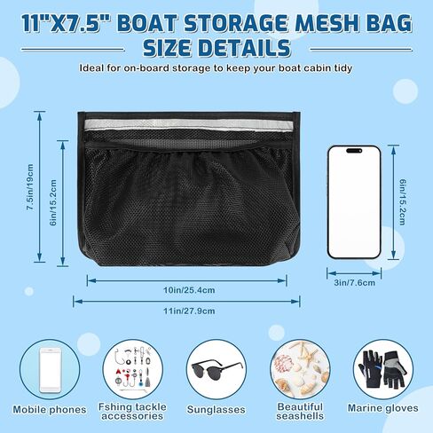 Self-Adhesive Boat Storage Mesh Bag with Backup Hook&Loop, 11"x7.5"/15.5"x10.5" Adhesive Backing Reflective PVC Universal Boat Caddy Organizer Mesh Bag,Boat Storage Net for Gloves, Tools, Tackle, Gear in Kuwait