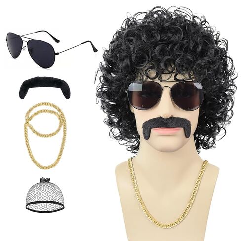 Mens Curly Wig + Glasses + Gold Chain + Peace Sign Necklace +Mustache + Wig Cap Long Curly Brown Wigs for 70s Disco Party Cosplay Costume Halloween Use（6pcs Set） in Kuwait