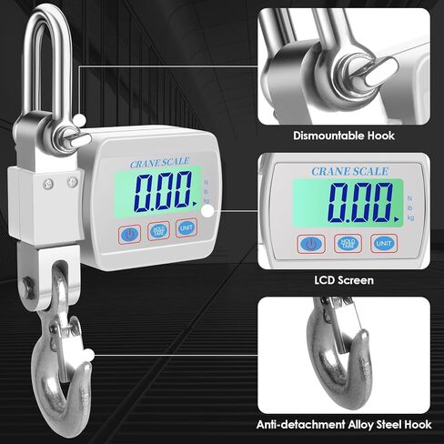 مقياس الرافعة الرقمي للتعليق عالي التحمل - إضاءة خلفية LCD، سعة قصوى 1100 رطل/500 كجم، مستشعر عالي الدقة، وظائف تبديل الفارغة والوحدة للمزرعة والصيد والمستودعات والبناء in Kuwait
