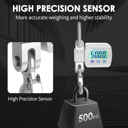 مقياس الرافعة الرقمي للتعليق عالي التحمل - إضاءة خلفية LCD، سعة قصوى 1100 رطل/500 كجم، مستشعر عالي الدقة، وظائف تبديل الفارغة والوحدة للمزرعة والصيد والمستودعات والبناء in Kuwait