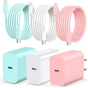 20W USB C Wall Charger,Compatible with iPhone Charger Fast Charging with 6FT Long USB C to ightning Cable,for Phone14 13 12 Pro Max 11/Pro/XR XS X,Pad AirPods,8& More(3Pack,White,Pink,Blue) in Kuwait