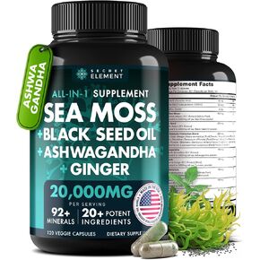 العنصر السري زيت بذور طحلب البحر الأيرلندي الأسود وأشواغاندا والزنجبيل، 20.000 مجم كبسولات، زيت بذور البحر الأسود أشواغاندا جذر الأرقطيون، مكمل الكل في واحد، 120 كبسولة in Kuwait