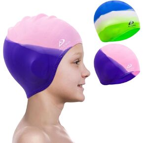 Alepo 2 Pack Kids Swim Caps for Boys Girls, Durable Silicone Swimming Cap with 3D Ear Pockets for Age 3-15 Toddler Child Youth Teen, Unisex Swim Bath Hats for Short/Long Hair with Ear Plugs Nose Clip in Kuwait