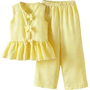 Verdusa Girl's 2 Piece Striped Outfits Bow Knot Ruffle Peplum Tank Top and Wide Leg Pants Set in Kuwait