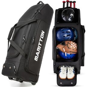 حقيبة معدات صيد البيسبول المتدحرجة بعجلات، حقيبة كبيرة لكرة البيسبول اللينة لأربعة مضارب مع حجرة للأحذية وخطافات سياج وجيوب متعددة. in Kuwait