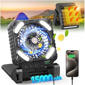 15000mAh Solar Powered Camping Fan,Portable Rechargeable Battery Powered Travel Fan with LED Lantern,Beach Essentials for Hurricane Emergencies, Hiking,Worksite Cooling (Black) in Kuwait