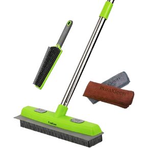 Carpet Rake,Rubber Broom for Pet Hair Removal with 61" Long Handle,2 Microfiber Cloths, Built-in Squeegee & Pet Brush, 4 in 1 Hair Remover for Rugs, Carpets,Tiles,Couches - Green in Saudi Arabia