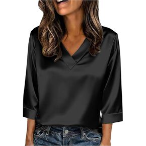 Satin Blouses for Women Dressy Casual 3/4 Sleeve V Neck T Shirts Office Ladies Spring Summer Business Work Shirts Top in Kuwait