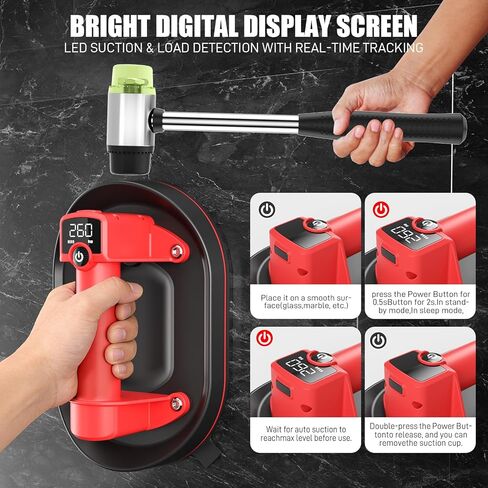 طقم رفع كأس شفط كهربائي مع مطرقة، أداة إصلاح فجوات الأرضية، أداة تثبيت الأرضيات الخشبية بسعة 573 رطل - قبضة فراغ تلقائية لإصلاح الزجاج والحجر والبلاط والأرضيات in Kuwait