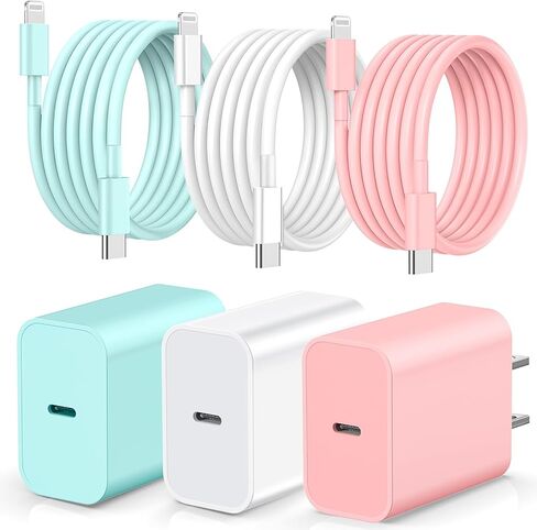 20W USB C Wall Charger,Compatible with iPhone Charger Fast Charging with 6FT Long USB C to ightning Cable,for Phone14 13 12 Pro Max 11/Pro/XR XS X,Pad AirPods,8& More(3Pack,White,Pink,Blue) in Kuwait