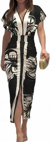 CHICME Summer Dresses for Women Floral Print Plunge V Neck Midi Dress Casual Ruched Slit Bodycon Party Dress in Kuwait