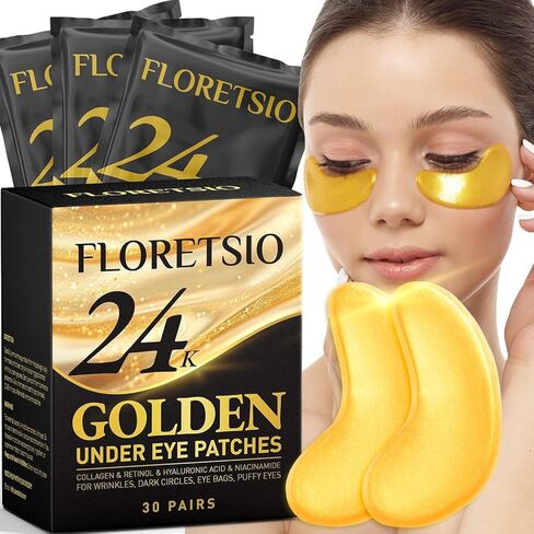 Under Eye Patches for Dark Circles - 24K Gold Collagen Cooling Gel Eye Mask with Retinol & Hyaluronic Acid, Jet Lag Support, Reduces Puffy Eyes & Fine Lines Delays Aging Treatment Women/Men(30 Pairs) in Kuwait