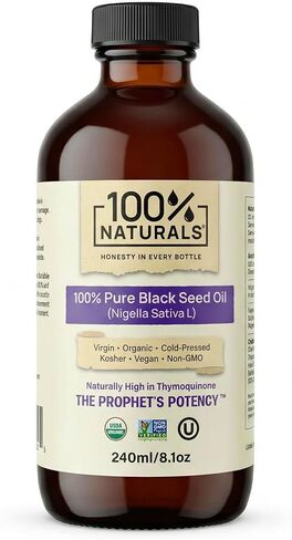 100% Naturals, Pure Virgin Organic Black Seed Oil (8oz Glass Premium Bottle) - Cold-Pressed Nigella Sativa Oil with Natural Antioxidants, High in Thymoquinone, Chemical-Free, Kosher, Non-GMO in Saudi Arabia