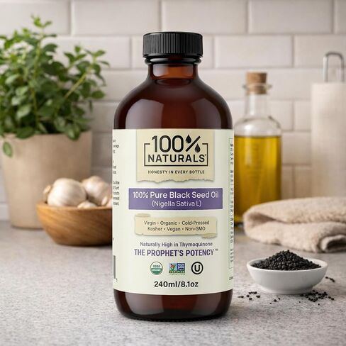 100% Naturals, Pure Virgin Organic Black Seed Oil (8oz Glass Premium Bottle) - Cold-Pressed Nigella Sativa Oil with Natural Antioxidants, High in Thymoquinone, Chemical-Free, Kosher, Non-GMO in Saudi Arabia