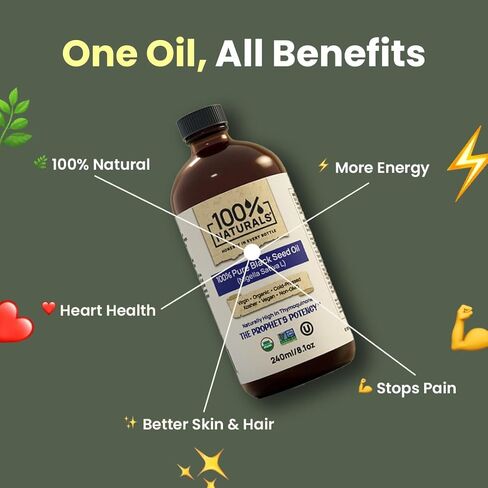 100% Naturals, Pure Virgin Organic Black Seed Oil (8oz Glass Premium Bottle) - Cold-Pressed Nigella Sativa Oil with Natural Antioxidants, High in Thymoquinone, Chemical-Free, Kosher, Non-GMO in Saudi Arabia