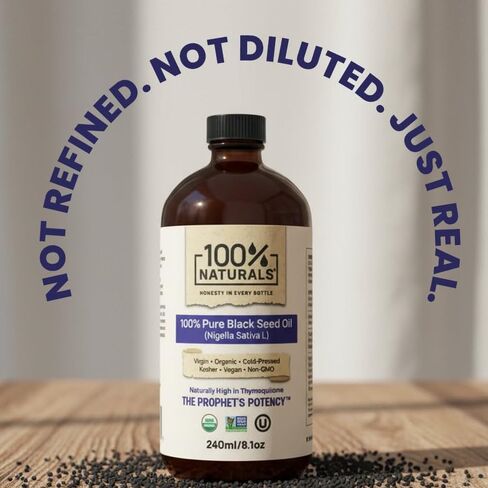 100% Naturals, Pure Virgin Organic Black Seed Oil (8oz Glass Premium Bottle) - Cold-Pressed Nigella Sativa Oil with Natural Antioxidants, High in Thymoquinone, Chemical-Free, Kosher, Non-GMO in Saudi Arabia