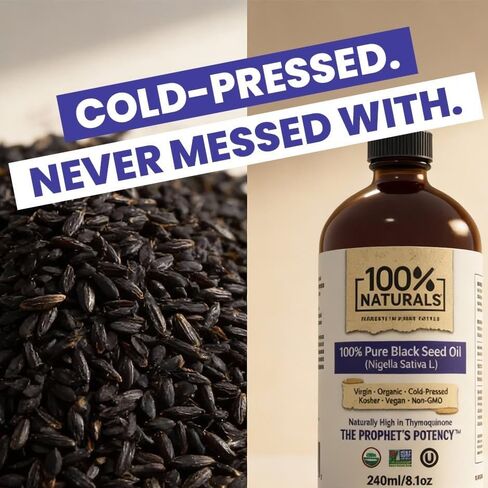 100% Naturals, Pure Virgin Organic Black Seed Oil (8oz Glass Premium Bottle) - Cold-Pressed Nigella Sativa Oil with Natural Antioxidants, High in Thymoquinone, Chemical-Free, Kosher, Non-GMO in Saudi Arabia