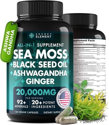Secret Element Irish Sea Moss Black Seed Oil Ashwagandha Ginger, 20,000mg Capsules, Seamoss Black Seed Oil Ashwagandha Burdock Root, All in One Supplement, 120 Capsules in Kuwait