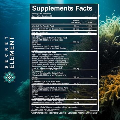 Secret Element Irish Sea Moss Black Seed Oil Ashwagandha Ginger, 20,000mg Capsules, Seamoss Black Seed Oil Ashwagandha Burdock Root, All in One Supplement, 120 Capsules in Kuwait