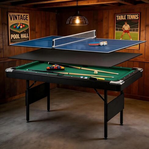 طاولة ألعاب متعددة 3 في 1 من كيكي، مجموعة البلياردو وتنس الطاولة، 5.3 × 2.9 × 2.6 قدم طاولة بلياردو قابلة للطي مع ملحقات كاملة، إطار MDF متين للعب العائلي في الأماكن المغلقة، يتضمن الكرات والإشارات والمجاديف، أخضر in Kuwait
