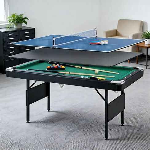 طاولة ألعاب متعددة 3 في 1 من كيكي، مجموعة البلياردو وتنس الطاولة، 5.3 × 2.9 × 2.6 قدم طاولة بلياردو قابلة للطي مع ملحقات كاملة، إطار MDF متين للعب العائلي في الأماكن المغلقة، يتضمن الكرات والإشارات والمجاديف، أخضر in Kuwait