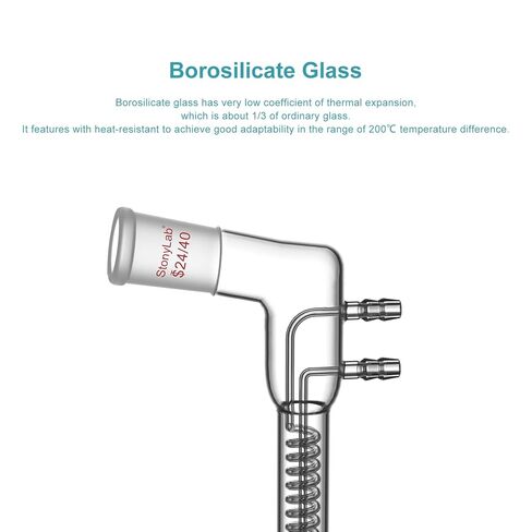 stonylab Coil Reflux Condenser, Bent 105° Borosilicate Glass Dimroth Condenser, 24/40 Joints and 100 mm Coil Section, Laboratory Condensation Tube for Distillation Experiment in Saudi Arabia