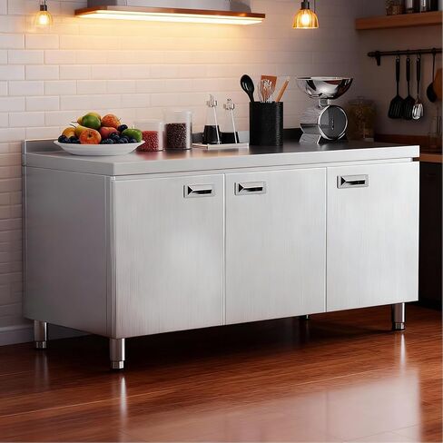 KINGBO 55" Stainless Steel Table Cabinet Heavy Duty Prep Table with 304 Stainless Steel Worktop Commercial Worktable Workbench with Storage Cabinet for Kitchen Garage Restaurant Outdoor in Kuwait