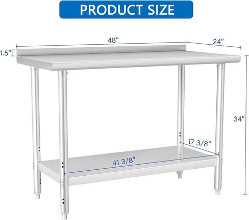 HARDURA All Stainless Steel Table 24X48 Inches Metal Commercial Kitchen Prep Table with Adjustable Undershelf and Backsplash NSF for Prep in Kuwait