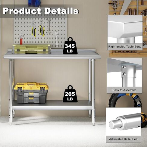 HARDURA All Stainless Steel Table 24X48 Inches Metal Commercial Kitchen Prep Table with Adjustable Undershelf and Backsplash NSF for Prep in Kuwait