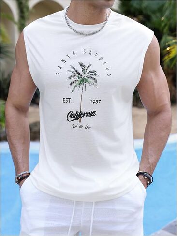 Men's Tropical Sleeveless Beach Tank Top Crew Neck Cut Off Vacation Summer Tanks in Saudi Arabia