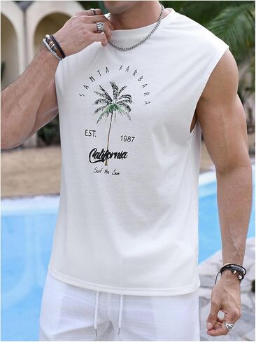 Men's Tropical Sleeveless Beach Tank Top Crew Neck Cut Off Vacation Summer Tanks in Saudi Arabia