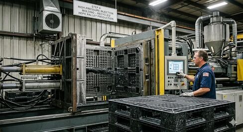 3 عبوات من المنصات البلاستيكية شديدة التحمل - 48 × 40 × 5 - صنعت في الولايات المتحدة الأمريكية - سعة 3500 رطل - بولي إيثيلين عالي الكثافة المعاد تدويره - مجموعة منصات نقالة زرقاء / سوداء من الدرجة الصناعية in Kuwait