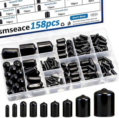 smseace 158Pcs Rubber End Caps 12-Sizes 2/25 Inch to 4/5 Inch Rubber Caps for Bolts Screw Caps Rubber Screw Caps Black Vinyl Round Rubber tip Cap in Kuwait