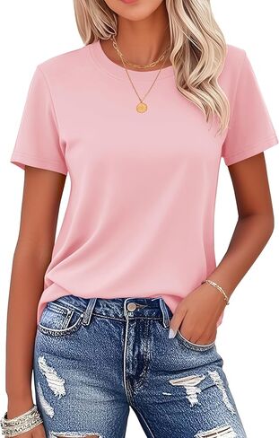 تي شيرت حريمي من القطن بياقة دائرية من MAGCOMSEN بأكمام قصيرة يسمح بمرور الهواء ويمتص الرطوبة تي شيرت أساسي للنساء قطع علوية غير رسمية للصيف in Kuwait