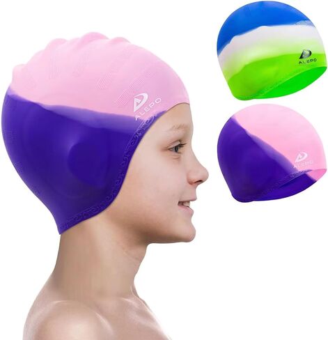 Alepo 2 Pack Kids Swim Caps for Boys Girls, Durable Silicone Swimming Cap with 3D Ear Pockets for Age 3-15 Toddler Child Youth Teen, Unisex Swim Bath Hats for Short/Long Hair with Ear Plugs Nose Clip in Kuwait