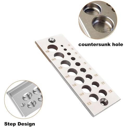 A2 Steel Dowel Plate, 16 Holes Metric Dowel Maker, 4mm to 16mm, Stainless Steel with Countersunk Holes and Step Design for Woodworking in Kuwait