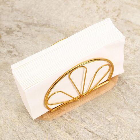 Ciieeo Upright Napkin Holder with Gold Petal Metal Design and Wooden Base, Standing Tissue Dispenser for Restaurant, Coffee Shop, Kitchen, and Dining Table Decor in Saudi Arabia