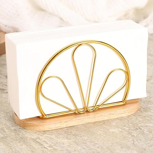Ciieeo Upright Napkin Holder with Gold Petal Metal Design and Wooden Base, Standing Tissue Dispenser for Restaurant, Coffee Shop, Kitchen, and Dining Table Decor in Saudi Arabia