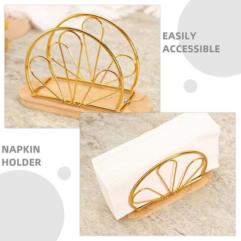 Ciieeo Upright Napkin Holder with Gold Petal Metal Design and Wooden Base, Standing Tissue Dispenser for Restaurant, Coffee Shop, Kitchen, and Dining Table Decor in Saudi Arabia