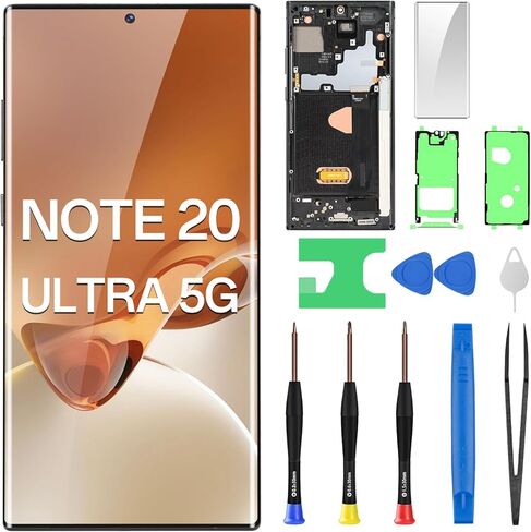 for Samsung Galaxy Note 20 Ultra 5G SM-N986U N986U1 Screen Replacement OLED Display Touch Digitizer Full Assembly with Mystic Black Frame and Side Button Glass Repair Tools Kit in Kuwait