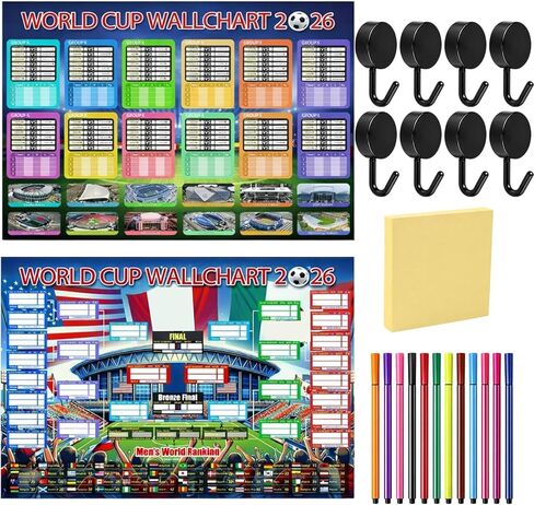 2026 World Cup Schedule Poster, Track Tournament Progress and Results with 2 Flags and Writing Supplies, Display Team Support, 12 Pens, 8 Hooks, and Notepad in Saudi Arabia